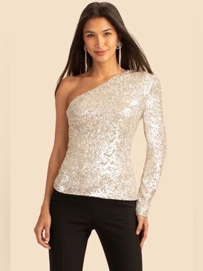 Trina Turk Over The Moon Top XS Sequin One Shoulder  Champagne  NWT ✨